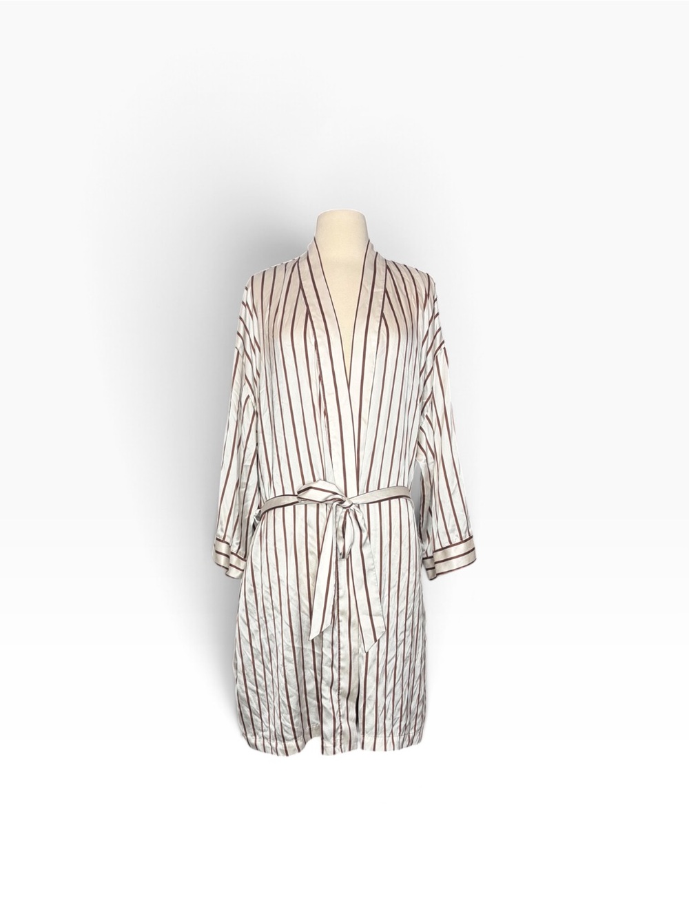 Haven Well Within Striped Silk Robe in White with Brown Pinstripes